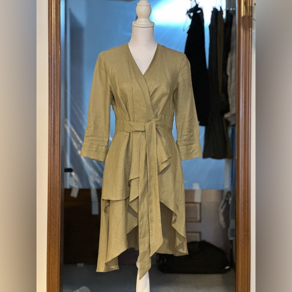 Olive linen Zara kimono / wrap dress, waist tie and front ruffle